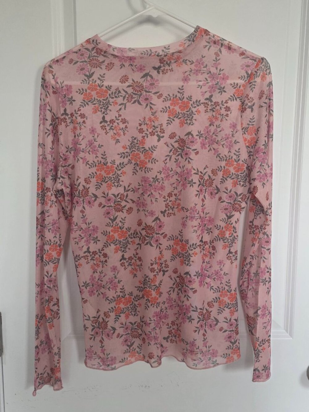 Pink Floral Mesh Long-Sleeve Mock Neck Top - Size Large